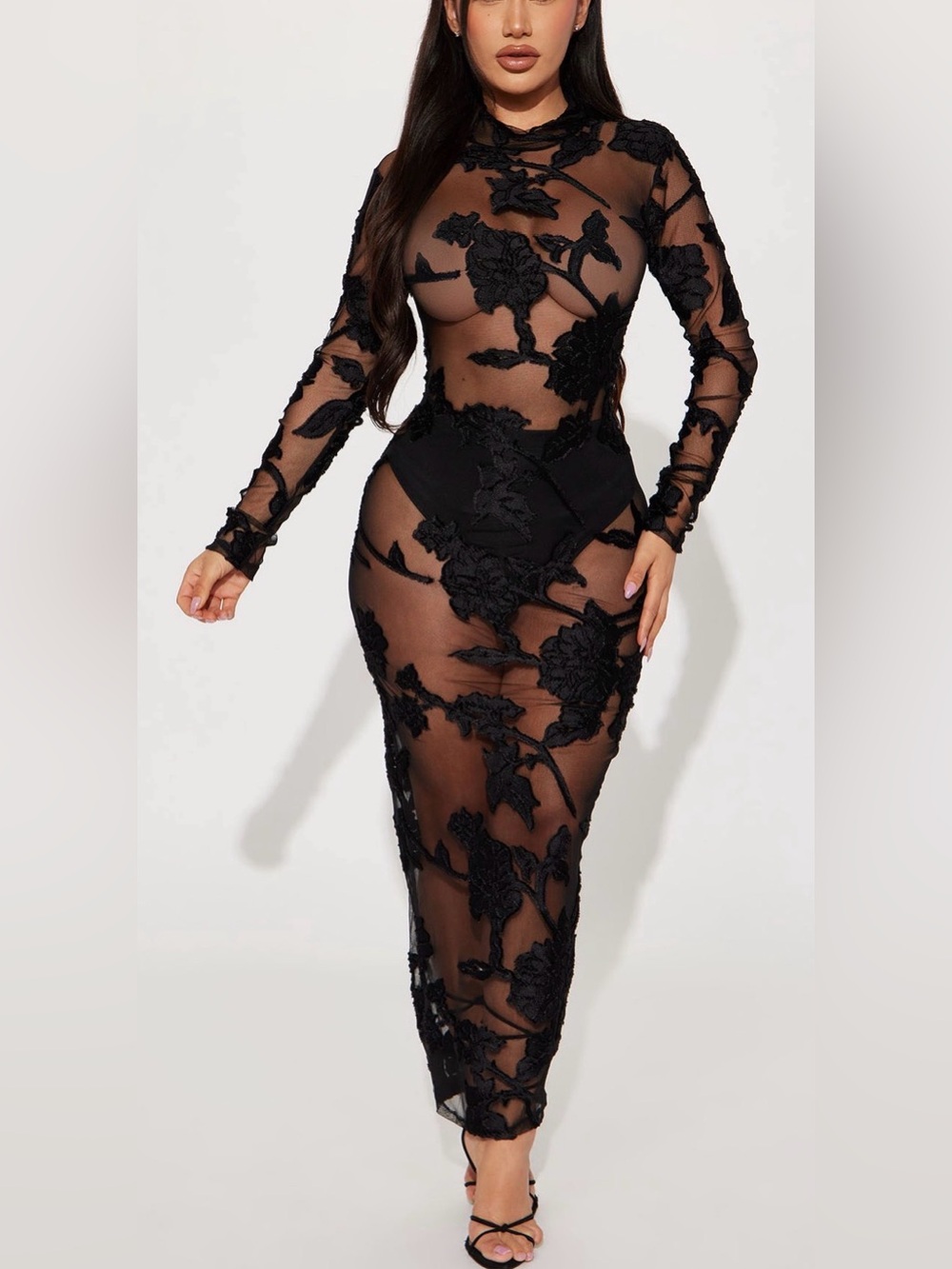 Fashion Nova Black Sheer Floral Long Sleeve Maxi Dress Medium